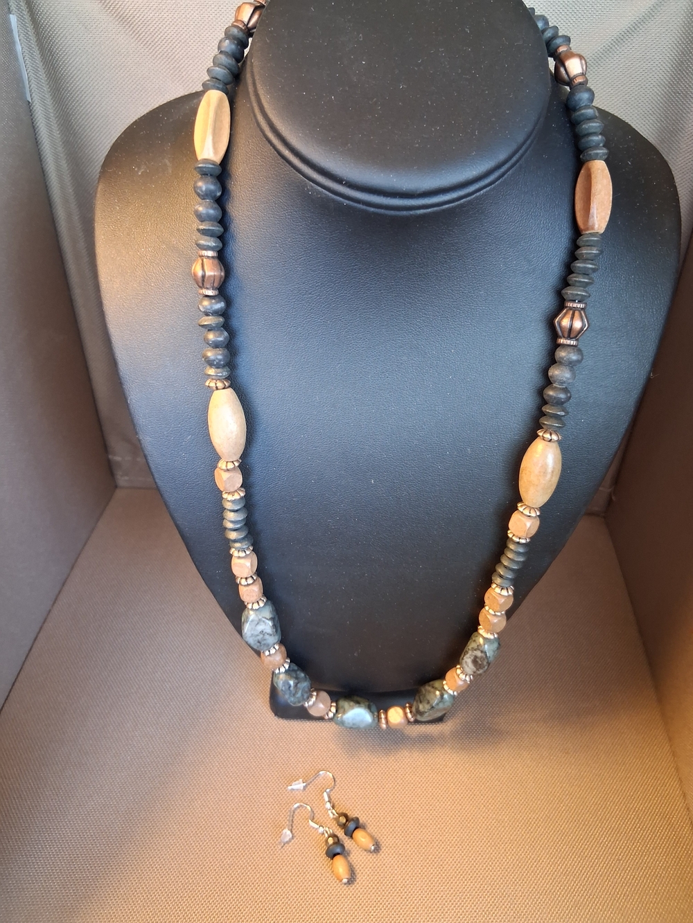 Handcrafted Charcoal Black and Brown Beaded Women's Necklace & Matching Earrings
